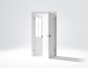 Open, white doors set against a blank, bright background