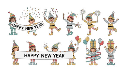 Fototapeta premium Festive Elves: A playful and enchanting illustration features a collection of whimsical elves, joyfully celebrating the new year with a banner and festive props.