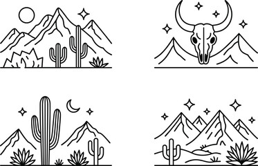 Set of Four Desert Landscape Vector Line Art Illustrations with Mountains, Various Cactus Plants, Sun, Moon, and Bull Skull, Minimalist Western Scene.