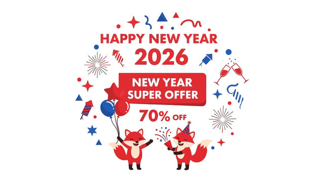 New Year 2026 Celebration Offer: A festive graphic design announces a New Year sale, complete with celebratory fireworks, party hats, and playful fox characters ready to ring in 2026. 