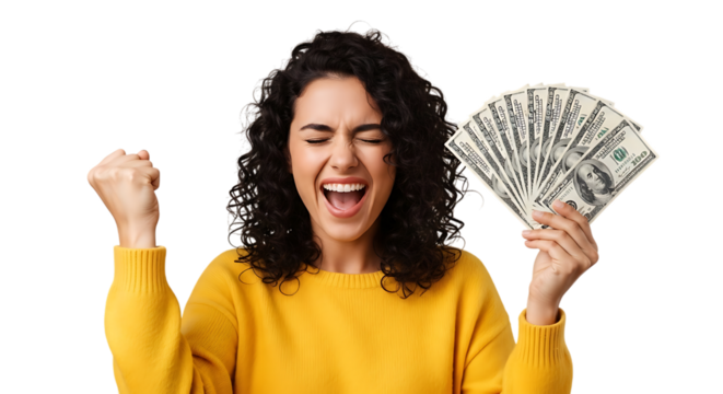Excited woman with curly hair holding fan of US hundred dollar bills and fist raised money us dollars isolated on a transparent background - Powered by Adobe
