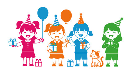 Joyful Birthday Celebration: A vibrant illustration showcasing children, each adorned with party hats, balloons, and gifts, celebrating a festive birthday party.