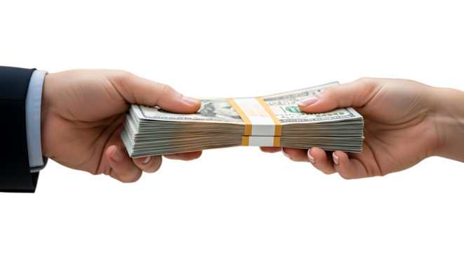 Hands Exchanging Stack Of US Dollar Bills On Black Background money cash isolated on a transparent background - Powered by Adobe