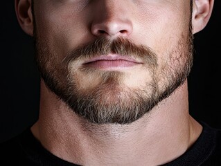 Obraz premium Close-up of a male face showcasing a well-groomed beard and intense expression against a dark background.