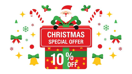 Festive Cheer: A joyful Santa Claus emerges from a vibrantly adorned gift box, heralding a special Christmas offer, complete with candy canes, twinkling stars, and festive ornaments.