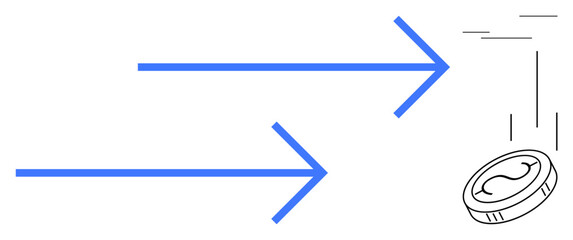 Two blue arrows pointing toward a coin in motion, symbolizing direction, financial progression, and decisions. Ideal for finance, investment, strategy, savings, transactions economy simple flat