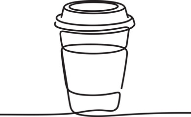 Continuous line art illustration of a disposable coffee cup with lid drawn in a handmade contour minimal style