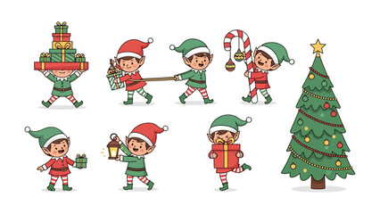 Cheerful Christmas Elves: A whimsical illustration of playful elves busily preparing for the festive season, with Christmas tree.