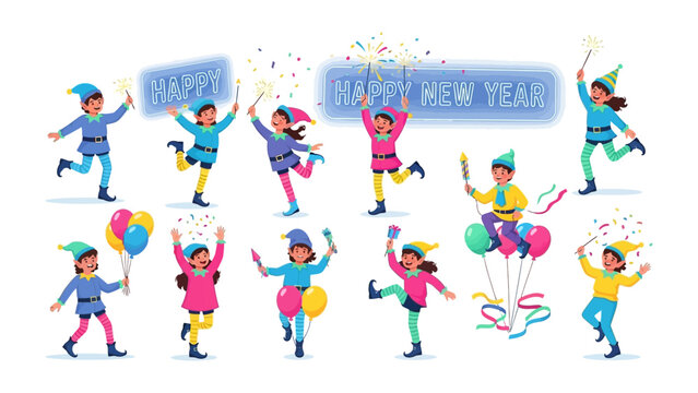 Festive New Year Revelry: Playful figures in cheerful attire celebrate the arrival of the New Year, filling the scene with joy and jubilant expressions.