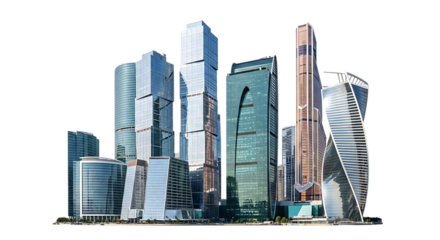Modern City Skyline with Diverse Glass Skyscrapers architecture isolated on a transparent background