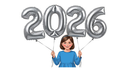 Balloons of the future: A joyful portrait of a young girl embraces the upcoming year, holding aloft silver balloons that boldly display the numbers 2026.