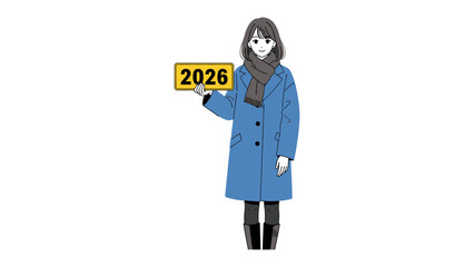 Year 2026: A woman in a stylish winter coat holds up a sign marking the year 2026. The scene captures the anticipation of the future and the passage of time.