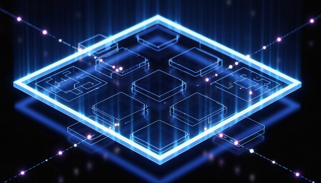 Digital Blueprint of a Computer Chip: A vivid digital blueprint showcases a sophisticated computer chip, glowing with an intricate array of lines, dots and structures.