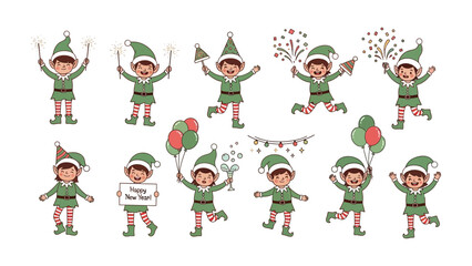Elf Festive Set: A delightful ensemble of elfish figures joyfully participating in various holiday festivities, exuding cheer and celebration.