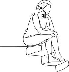 Continuous line art illustration of figure seated on steps resting with handmade contour