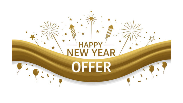 New Year Offer: Festive artwork, with the elegant 'Happy New Year Offer' lettering across a luxurious golden wave, enhanced by celebratory fireworks and floating balloons.