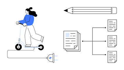 Woman on electric scooter powered by a plug, large pencil, document connection map. Ideal for mobility, energy efficiency, organization, technology, workflow creativity productivity. Simple flat
