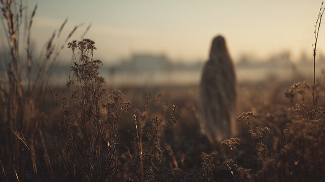 Hooded figure like earth goddess in morning field