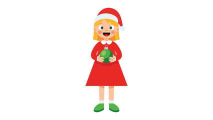 Festive Joy: A child personifies holiday cheer, adorned in a festive red dress and a Santa hat, carrying a Christmas tree ornament and ready to embrace the spirit of the season.