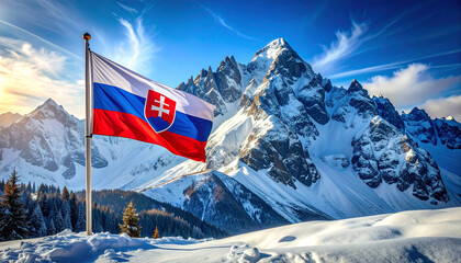 Slovakia&rsquo;s Flag Over Alpine Majesty: A Tribute to National Identity, Snow-Capped Peaks, and the Crisp Beauty of Sky, Elevation, and Heritage Framing a Rugged Landscape of Pride and Natural 