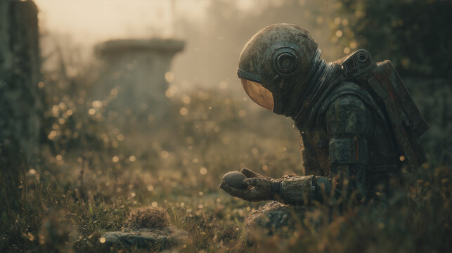 Astronaut in dirty suit holding alien stone in field