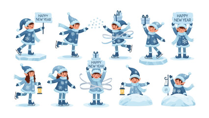Whimsical Winter Greetings: A joyful ensemble of playful elf characters revels in a snowy wonderland, each one celebrating the magic of the season in their own unique way.