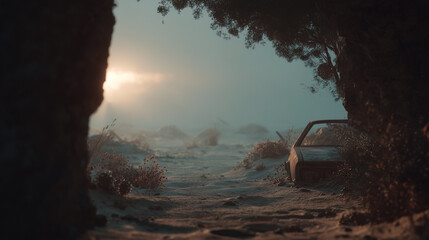 Oasis with rusty 80s car in desert sunrise