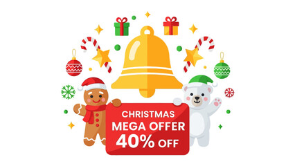 Christmas Mega Offer: Festive illustrations of a Gingerbread Man, Polar Bear, and a golden bell, surrounded by whimsical elements, announce a Mega Offer with a 40% discount.