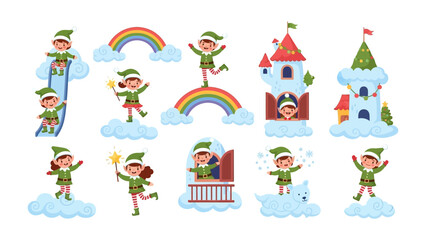 Magical Elf Adventure: A collection of charming cartoon elves engage in whimsical activities amidst clouds and rainbows. Creating a fairy tale dream of childhood 