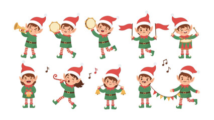 Festive Elf Ensemble: A vibrant array of playful elves joyfully prepare and spread holiday cheer through music, banners, and camaraderie. Each elf is dressed in iconic attire.