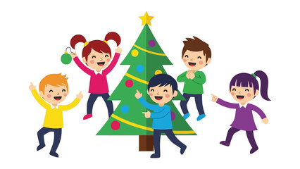 Holiday Joy: Delightful children surround a decorated tree, exuding the spirit of the season through their joyous expressions and celebratory gestures.