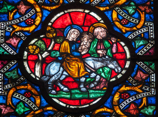 Stained glass (16th century) of Holy Family: The Escape to Egypt.