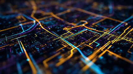 Electric circuit board with glowing lines and dots abstract digital