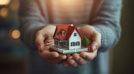 Two Cupped Hands Gently Holding a Small Miniature Model of a Perfect Family Home with a Red Roof, Fence, and Tree Representing Home Security
