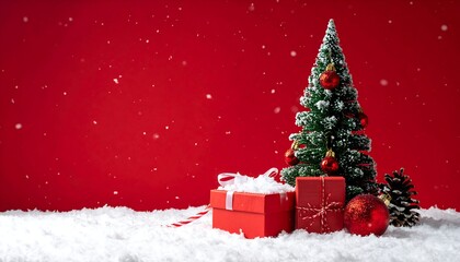 Obraz premium Christmas scene gifts, tree, and pine cone on fluffy snow before a bright red backdrop, with falling snow effect