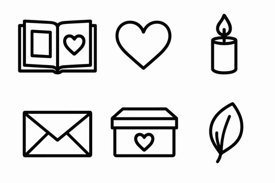 Cherished Memory Icons. Cherished Memories linear icon set. photo album, heart symbol, candle flame, letter envelope, keepsake box, flower petal
