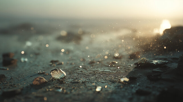 Sunlit crystals on ground with magical bokeh