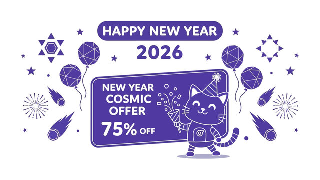 New Year Cosmic Offer: A festive graphic advertising a New Year Cosmic Offer, featuring a playful cosmic cat character surrounded by celebratory elements, promising a 75% discount for 2026.