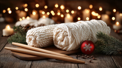 Thick, creamy yarn and knitting needles rest on a rustic wood table, accompanied by festive ornament and evergreen sprig, bathed in a warm candlelight glow