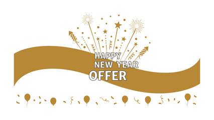 New Year Offer Celebration: An illustrative golden design. Sparklers, balloons, and ribbons are festive elements on display, creating a sense of joyous occasion.