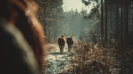 Two horses and red-haired girl in snowy forest