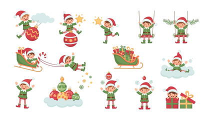 Festive Elf Collection: A vibrant assortment of charming cartoon elves in various playful poses, ideal for holiday-themed designs.