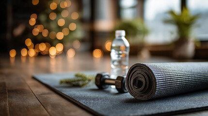 A rolled yoga mat, dumbbell, and water bottle sit on a dark mat in a cozy room. A Christmas tree with warm lights creates a peaceful winter atmosphere for a calming workout