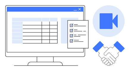 Computer screen displaying data table with checklist, video chat icon, and handshake. Ideal for project management, collaboration, virtual meetings, teamwork, task tracking, productivity workflow