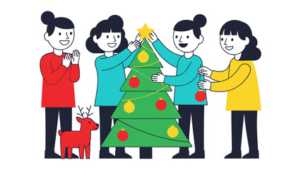 Joyful Holiday Ensemble: A heartwarming scene unfolds as a group of friends gathers around a vibrant Christmas tree, adorning it with ornaments and a star.