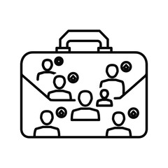 Outline icon of a briefcase filled with silhouette people representing team, human resource, or business networking concept isolated on