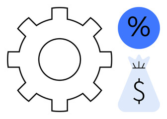 Gear with bold outline, blue percentage sign, and money bag with dollar symbol. Ideal for financial planning, economic growth, investment strategy, cost analysis, productivity, interest rates