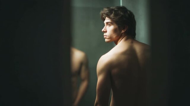 Young man gazing thoughtfully into a mirror in a dimly lit room showcasing personal reflection and self discovery in a serene environment