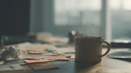 Steaming mug on desk with crumpled papers