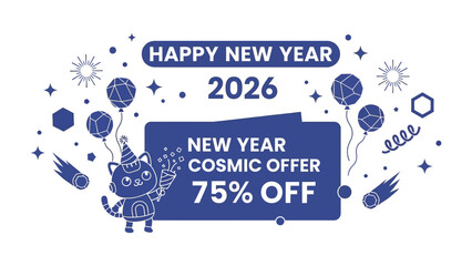 New Year's Cosmic Offer: A festive graphic announcing a cosmic offer for the new year, filled with playful elements, inviting viewers to explore new opportunities. 
